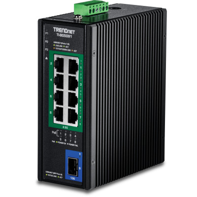 TRENDnet TI-BG5091 9-Port Industrial Switch, 8 2.5G PoE++ ports, 10G SFP+ slot, 60 Gbps switching capacity, DIN-rail/wall mount